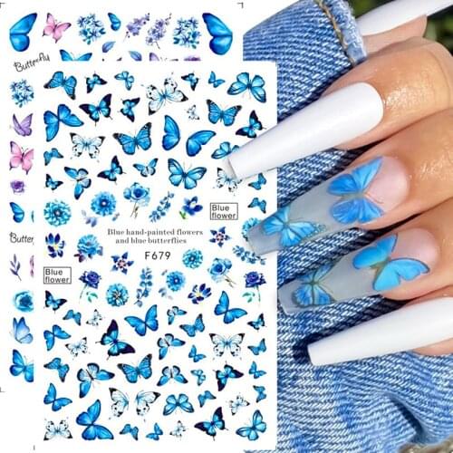 Holographic Butterfly Nails Art Stickers Blue Black Decals Flowers Decorations Manicure Decor