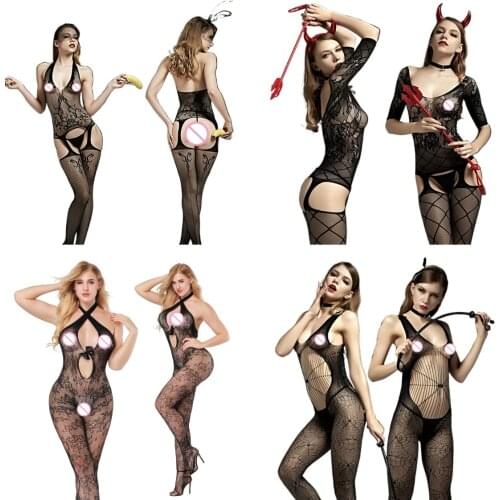 Open Crotch Catsuit Sex Mesh Tights Sexy Lingerie High Elastic Sexi Women Jumpsuit Erotic Underwear Ladies Transparent Bodysuit