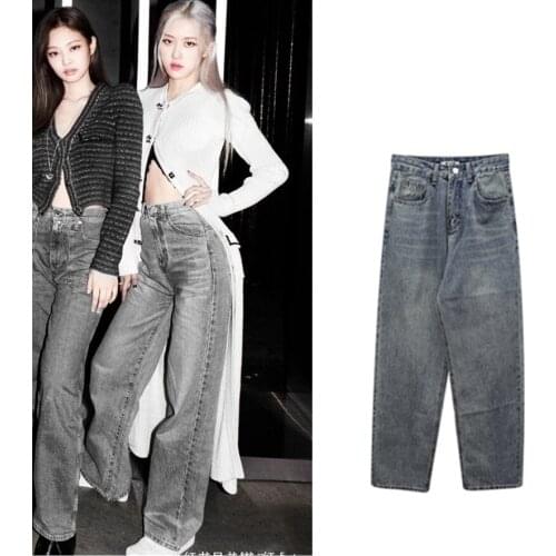 KPOP TWICE IU Seo Yea Ji ROSE autumn new loose High waist retro jeans womens Streetwear fashion straight Wide legs Denim pants