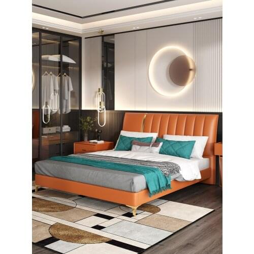 Light luxury leather bed modern simple double bed master bedroom 1.8m wedding bed Nordic storage soft bed net red furniture