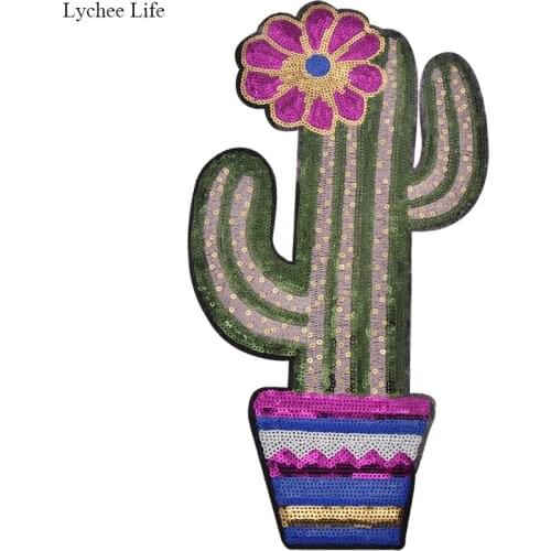 Lychee Life Cactus Shaped Sew-On Embroidered Sequined Patch For Girls DIY Handmade Garment Craft Decor Accessories