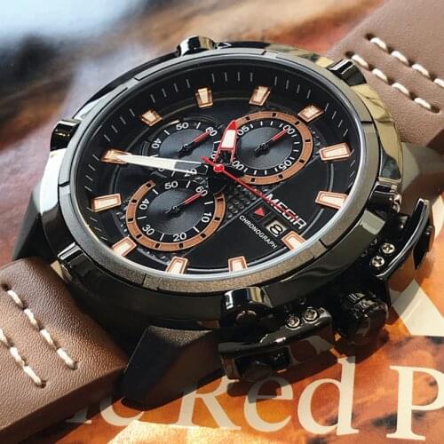 MEGIR Creative Sports Watches Men Fashion Top Brand Waterproof Leather Strap Quartz Wristwatches Clock Male Relogio Masculino