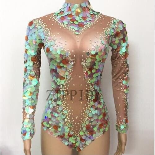 Fashion Mermaid Big Sequins Bodysuit Sexy Leggings Crystals Party Costume Stage Performance Rhinestones Stretch Rompers