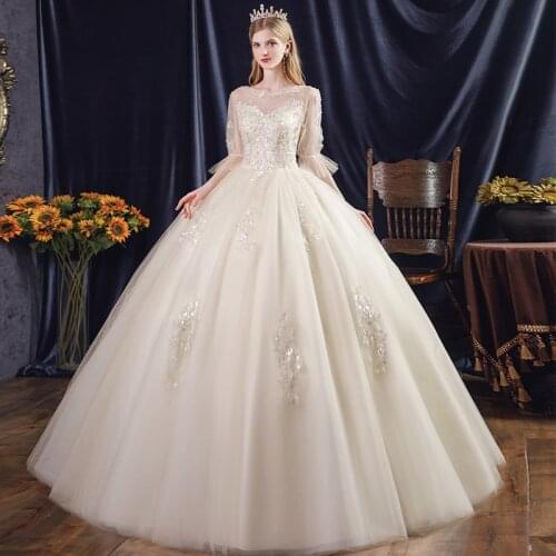 2021 New Wedding Dress O Neck Half Sleeve Bridal Dresses Shining Sequins Beading Lace Wedding Gown Plus Size Custom Made