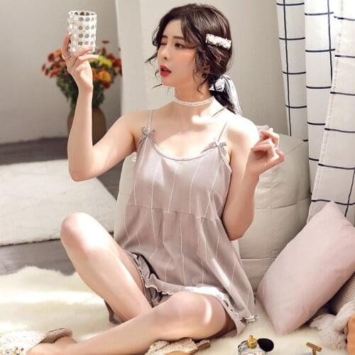 Casual Cotton Blend Womens Pajamas Set Sexy Spaghetti Strap Shirt Shorts Sleepwear Suit Large Size Students Nightwear Pyjama