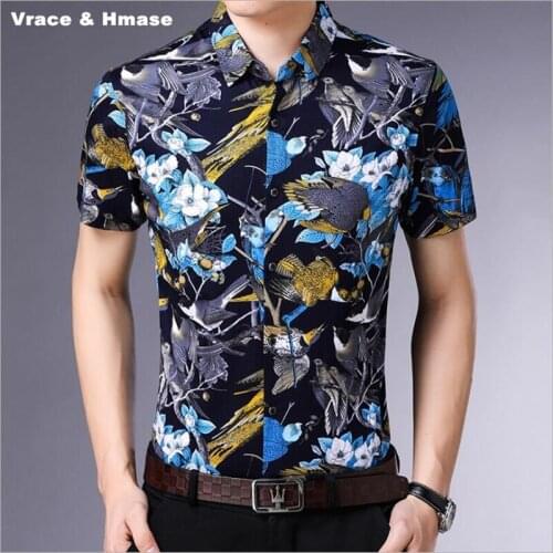 NO.8631 Exquisite birds floral pattern printing fashion short sleeve shirt Summer 2018 mercerized cotton quality shirt men M-3XL