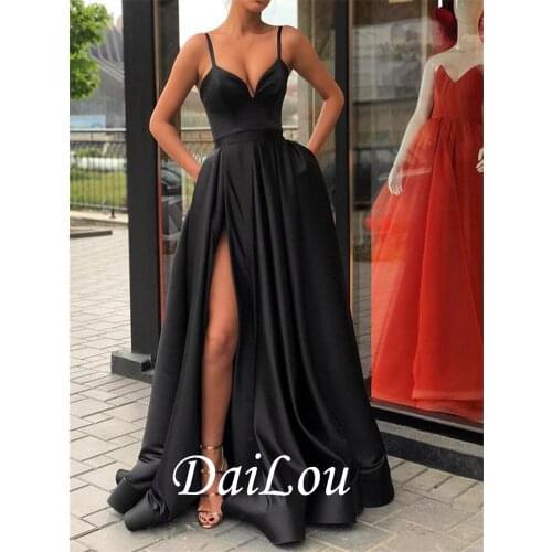 A-Line A-Line Floor-Length Spaghetti Straps Pockets Split-Front Zipper-Up Black Evening Dress 2021