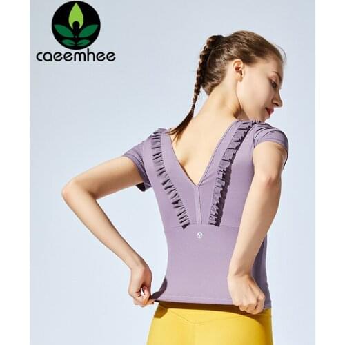 CAEEMHEE Women Backless Ruffles Short Sleeve Yoga Shirts Fitness Gym Tops Tees Running Workout Sport T-Shirts Removable Pads
