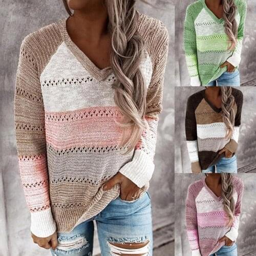 2020 Autumn Winter Sweater Women Hollow Long Sleeve Sweater Hoodie Tops V Neck Patchwork Casual Knitted Elegant Pullover Jumpers