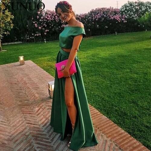 Forest Green Two Pieces Prom Dresses Sexy Side Split Satin Floor Length Vestido De Noche Evening Party Gowns