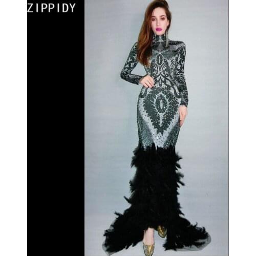 Silver Rhinestone Black Feather Train Dress Bar Birthday Celebrate Evening Outfit Prom Women Dance Spandex Long Dress