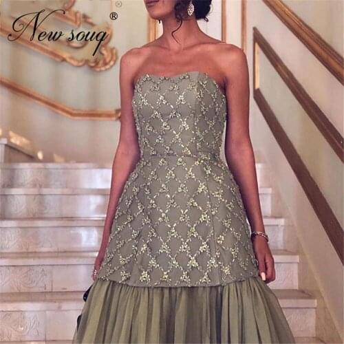 New 2020 Olive Green Glitter Evening Dresses Middle East Women Prom Dress Dubai Diamond Strapless Formal Gown Beaded Party Long