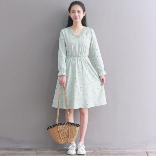 New autumn cotton linen floral printed dress women casual long sleeve dress