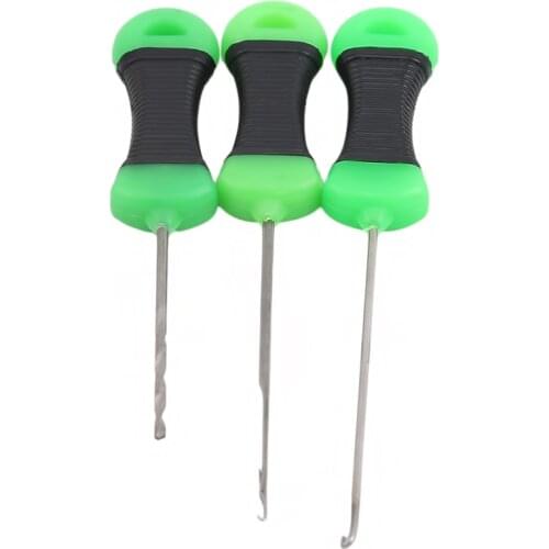 3 PCS/ Set Metal+Plastic Fishing Lure Needles Portable Outdoor Carp Fishing Bait Needle Set Green Threading Rigging Tool