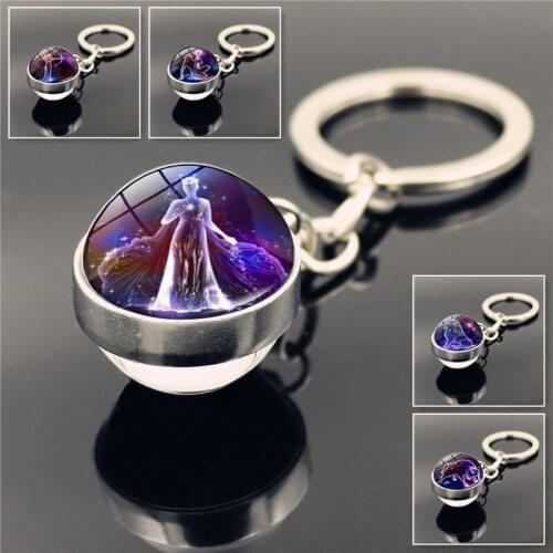 Time Gemstone Metal Keychain Pendant Creative 12 Constellations Glass Ball Key-chain Unique Gifts for Lover Best Friend Souvenir
