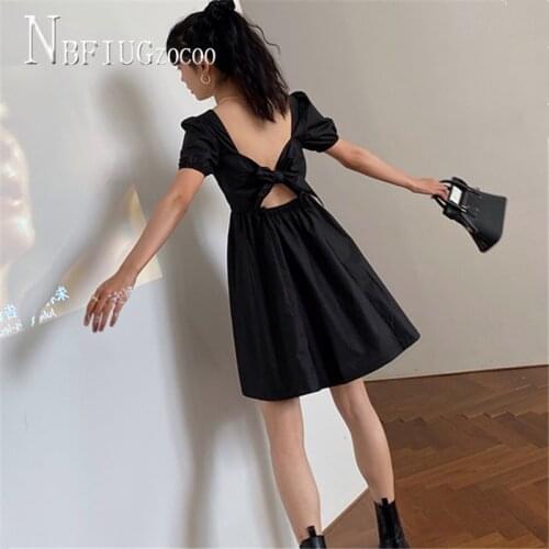 2020 Black Color Puff Sleeve Retro Square Collar Women Dress Back With Bowknot Female Dresses