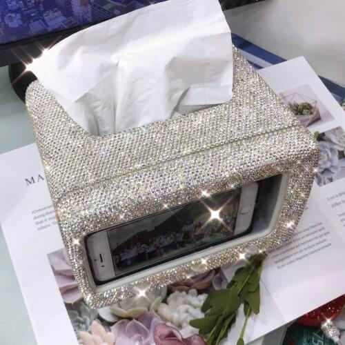 Diamond-encrusted Tissue Box Phone Holder Dual-purpose Small TV Style Bling Home Desk Decor Tissue Dispenser Napkins Holder Red