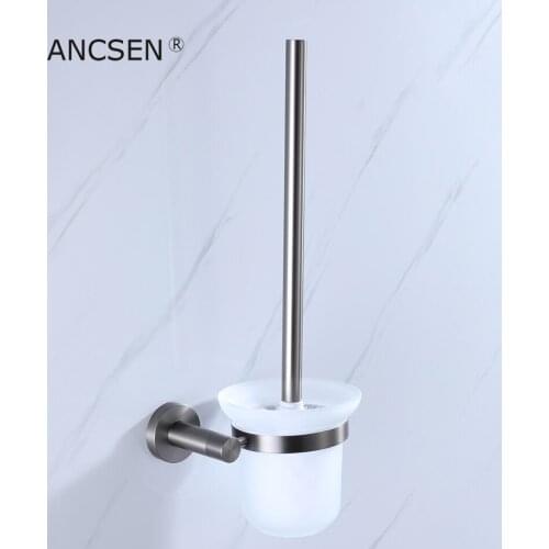 Toilet Brush Holder Round Base Wall Mount Toilet Articles For Stainless Steel Gun-Grey Handle Toilet Brush bathroom products