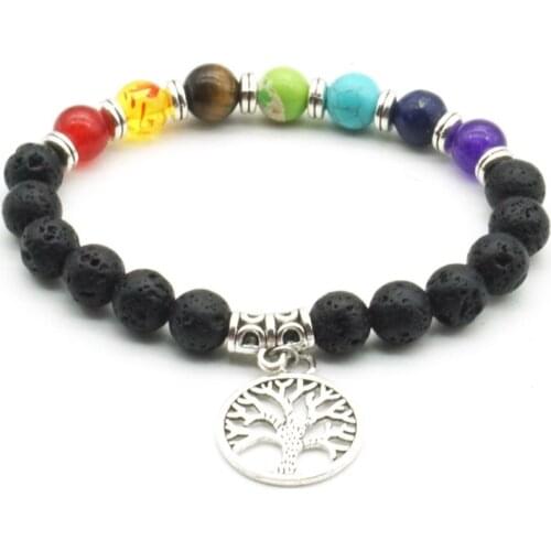 8mm Lava Stone Tree of Life 7 Chakra Healing Balance Beads Reiki Buddha Prayer Essential Oil Diffuser Bracelet Bangle Jewelry