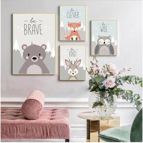 Nordic Art Animal Lion Fox Bear Minimalism Painting Cartoon Nursery Wall Picture Print Baby Kids Room Decoration Brave