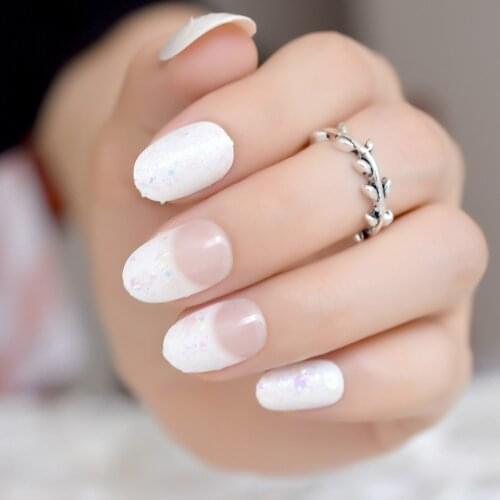 Colorful Glitter White French Fake Nails Round Head False Full Press on Nails for Girl Bride Office Daily Wear Nail Art Tips