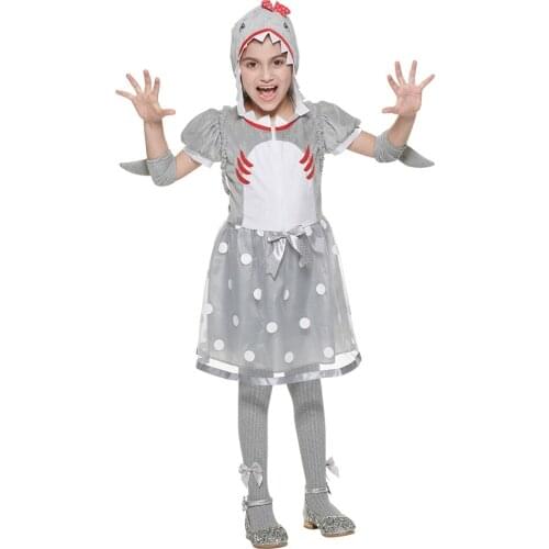 Girls Cute Shark Cosplay Dress Short Sleeve Kids Animals Hooded Halloween Costume