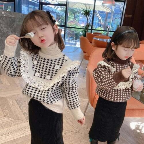 Fashion Grid Autumn Spring Winter Sweater Lace Baby Girls Kids Childrens Warm Plus Velvet Thicken Top Princess High Quality
