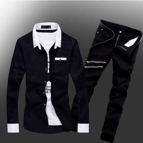Spring Summer Men Long Sleeve Shirt Denim Sets Slim Fit Casual Single Breasted White Tops Shirt Zipper Jeans Two Piece Set