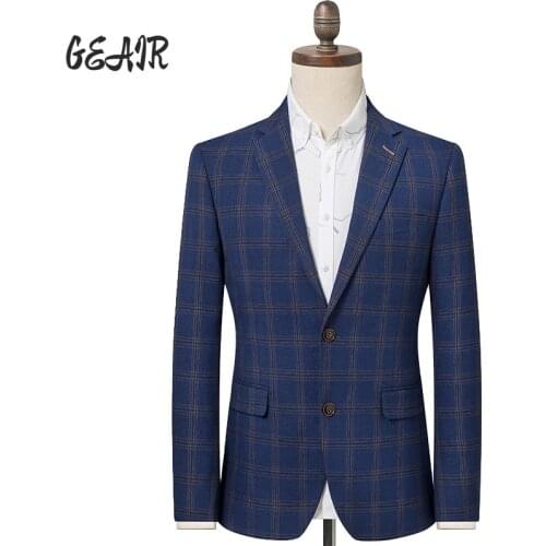 Men Fashion Sapphire Plaid Suit Top Korean Slim Style Casual Plaid Single Suit Hundred Business Dress Jacket Coat Men Clothing