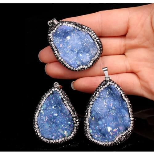 Natural stone Blue quartz crystal Stone Pendant agates Druzy pendulum charm Necklace pendants jewelry making Reiki Healing Gift