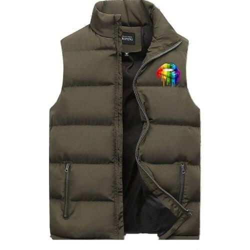 Autumn Winter New Mens Warm Vest Fashion Colored Lips Printing Cotton Waistcoat Casual Zipper Male Sleeveless Jacket M-5XL