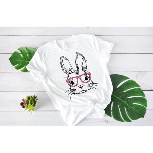 Easter Bunny With Glasses Shirt Birthday Womens Short Sleeve Tees Fashion 100% Cotton O Neck Female Clothing Plus Size Casual