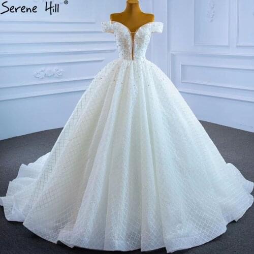 Serene Hill White Beaded Pearls Wedding Dresses 2021 Luxury High-end Lace Up Bridal Dress HM67262 Custom Made