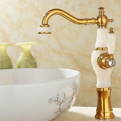 Basin Faucet Brass Sink Mixer Tap Bathroom Hot & Cold Faucet Single Handle Jade Vase Shape Lavatory Crane Tap Gold Finished