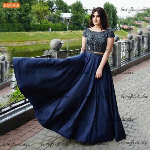 Boho Dark Navy Evening Gowns O Neck Beaded Cryshal Beach Formal Women Dresses Party Custom Made 2020 Vestidos De Fiesta De Noche