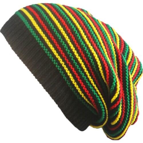 Women Men Crochet Wavy Fine Stripes Beanie Cap Rainbow Jamaica Style Flag Oversized Knit Hip Hop Street Winter Slouchy Baggy Sku