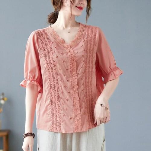 High Quality Women Summer Cotton Linen Casual T-shirts New 2021 Vintage Style V-neck Embroidery Loose Female Tops Tees B864