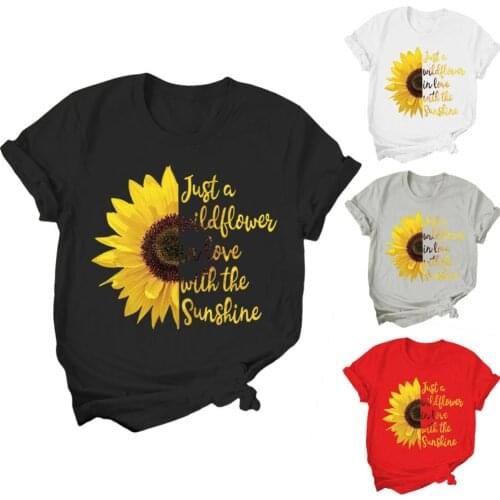 Women Casual Chrysanthemum Letters Print Round Neck Blouse Short Sleeve T-shirt