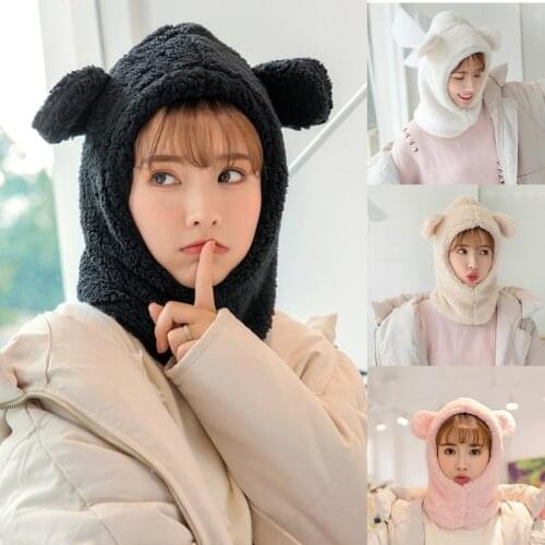 Women Winter Plush Warm Hood Cap Scarf Cute Cartoon Bear Ears Solid Color Thermal Windproof Earflap Hat Neck Warmer