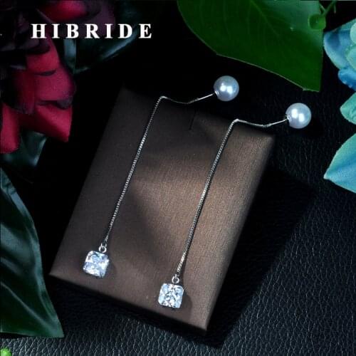 HIBRIDE New 2017 Women Drop Earrings Long Chain Pearl Earrings ,AAA Zirconia Pendant earrings For Gifts E-04
