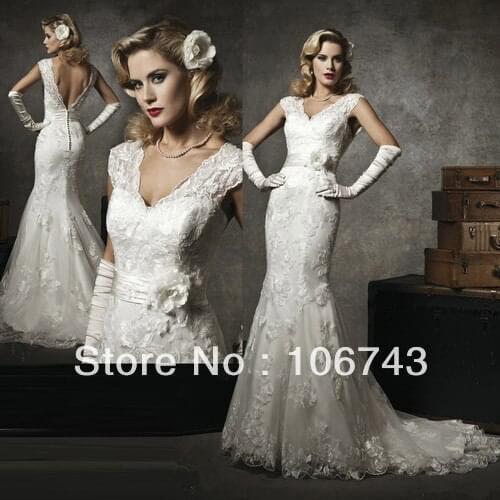 Free Shipping 2016 ruffled mermaid gown bridal sash belt allute sheath dress New white/ivory lace wedding dress custom size