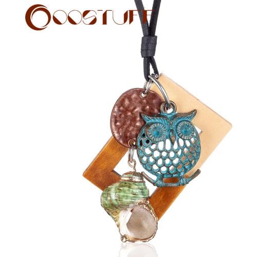 Womens Jewelry Long Necklace statement Antique Owl Conch Wooden Pendants Vintage Chain Female Suspension Decoration Accessories