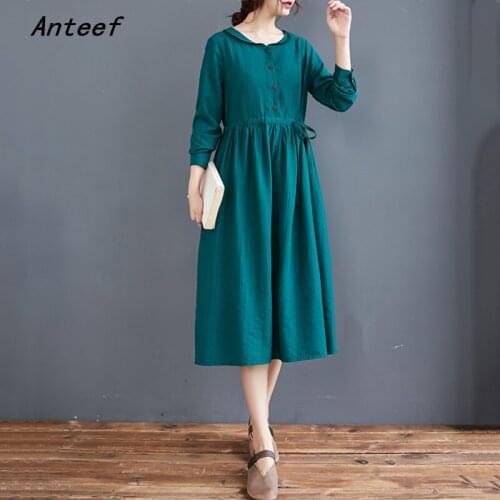 Anteef long sleeve cotton vintage dresses for women casual loose spring autumn shirt dress elegant clothing 2021