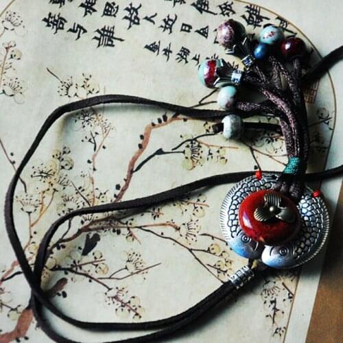 12 Pieces/Lot Ceramic Necklace For Women Jewelry Handmade Beads Tassel Double Fish Pendant Leather Rope Long Sweater Necklaces