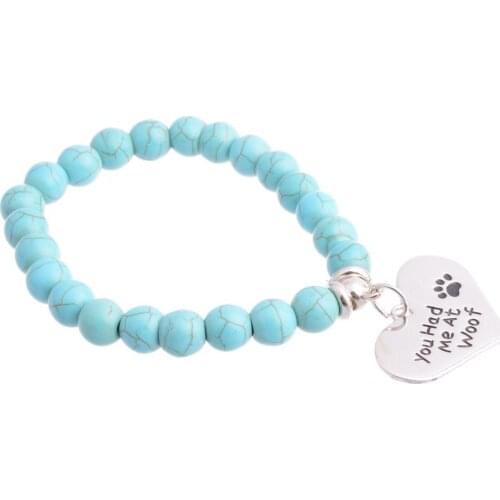 12PC You Had Me At Woof Pet Paw Print Heart Pendant Bracelets Natural Stone Bangles Women Men Best Friends BFF Gifts