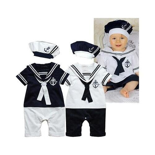 2016 NEW Hot-Selling 2 Pcs Baby Boy Girl Short Sleeve Sailor Uniform Costume Suit+Hat Grow Outfit Romper Pants Clothes+HAT 0-24M