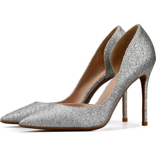 2019 Fashion Women Pumps Sequin Cloth Gold Sliver Pointed Toe Woman Shoes Sexy Party Wedding Stiletto Nude Heels Plus Size H0015