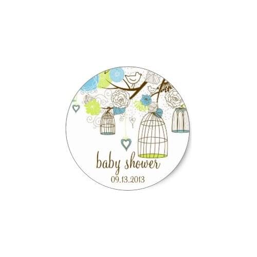 3.8cm Blue & Green Floral Birdcages Baby Shower Sticker