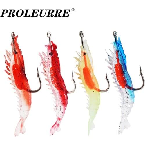 4pcs/Lot Luminous Shrimp Fake Baits Soft Simulation Prawn Lure Fishy Smell Artificial Trout Bait Single Hook Sea Fishing Tackle