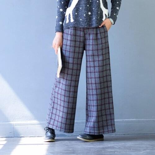 Women Autumn Winter Retro Woolen Wide Leg Pants Retro Vintage Plaid Wide Leg Trousers Female Elastic Waist Pants